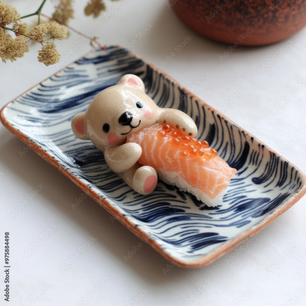 Poster a tiny bear hugging sushi piece on rectangular plate creates delightful and whimsical scene. charmin