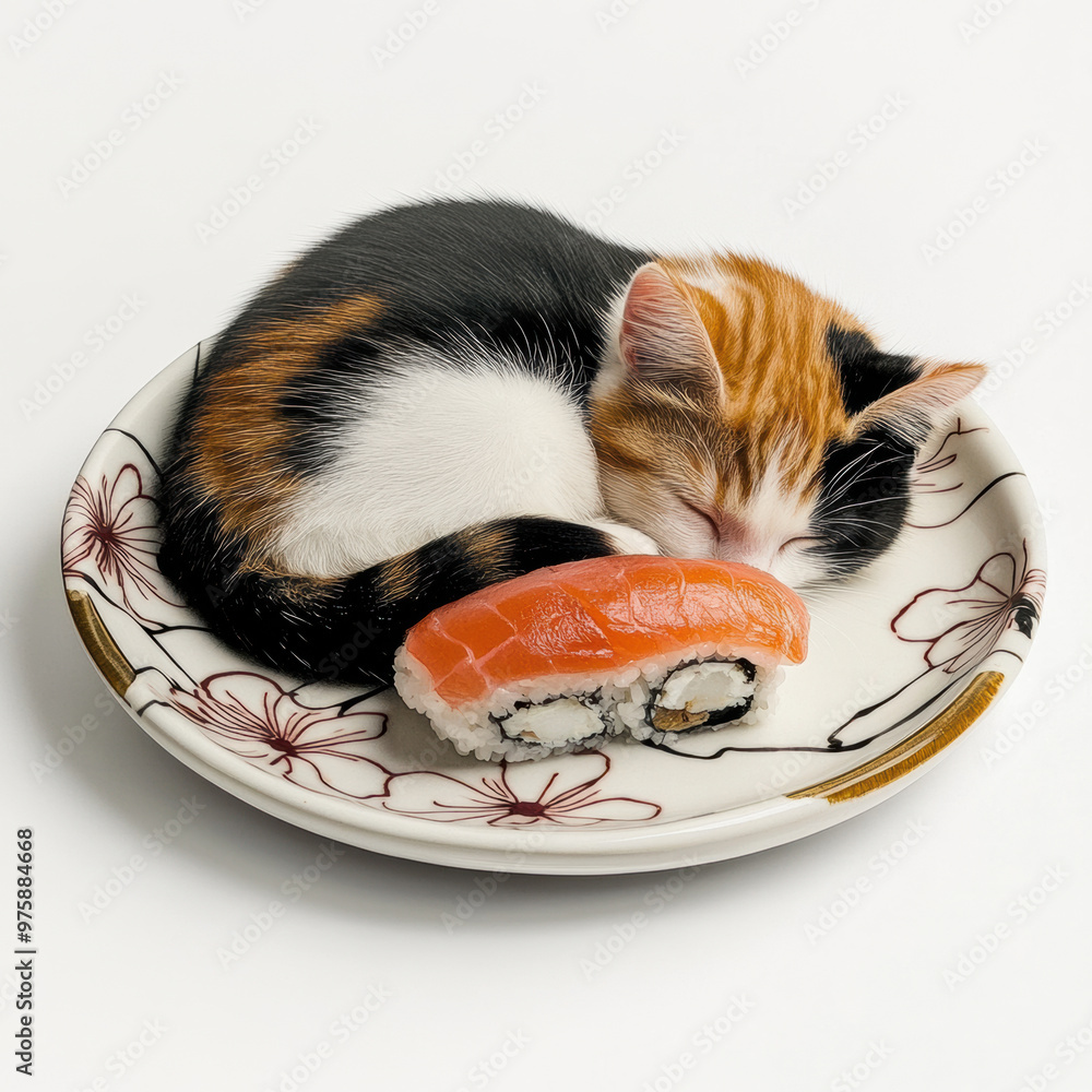 Poster an adorable cat curled up on piece of sushi, creating delightful and whimsical scene. cats peaceful 