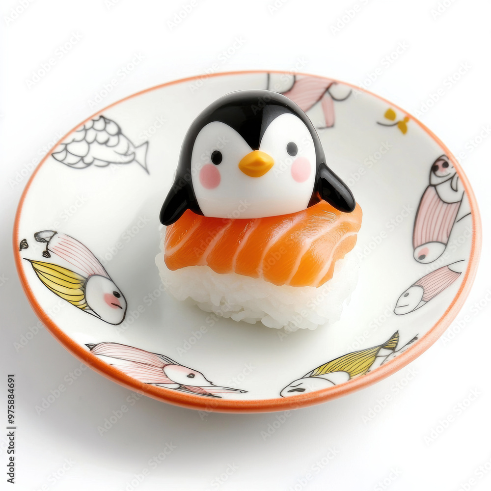 Poster an adorable penguin is playfully sliding on piece of sushi, creating delightful and whimsical scene.