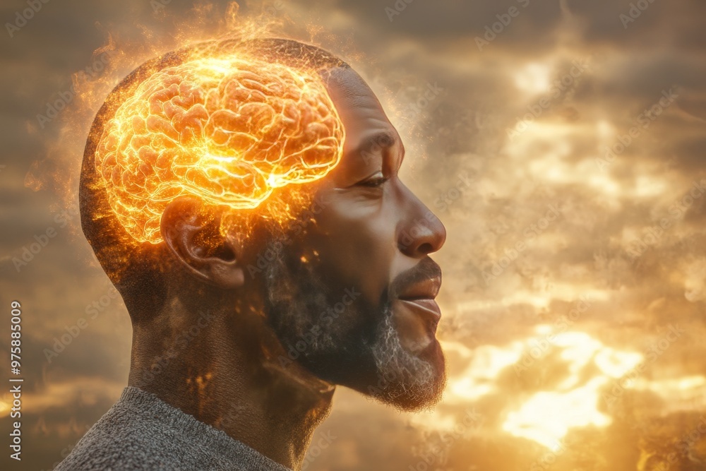 Poster portrait of a man with glowing brain like neural patterns on his head symbolizing thought intelligen