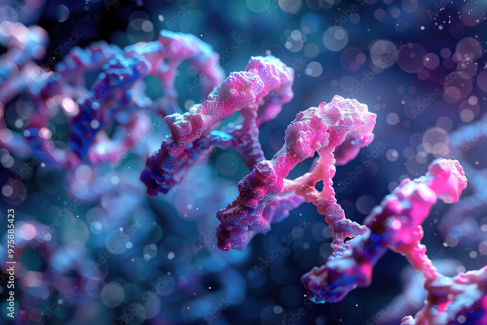 Poster a vibrant depiction of dna strands showcasing their intricate structure in a colorful and dynamic ba