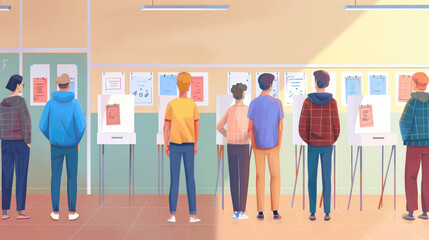 A group of young individuals is participating in a voting process within a school, reviewing candidate information displayed on boards