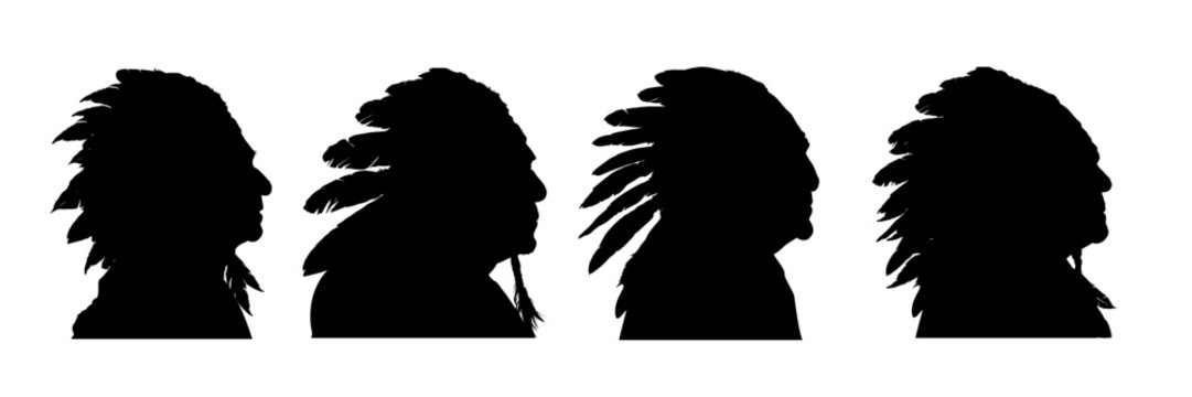 Set of ilhouette of old Native American man in headdress side view, isolated