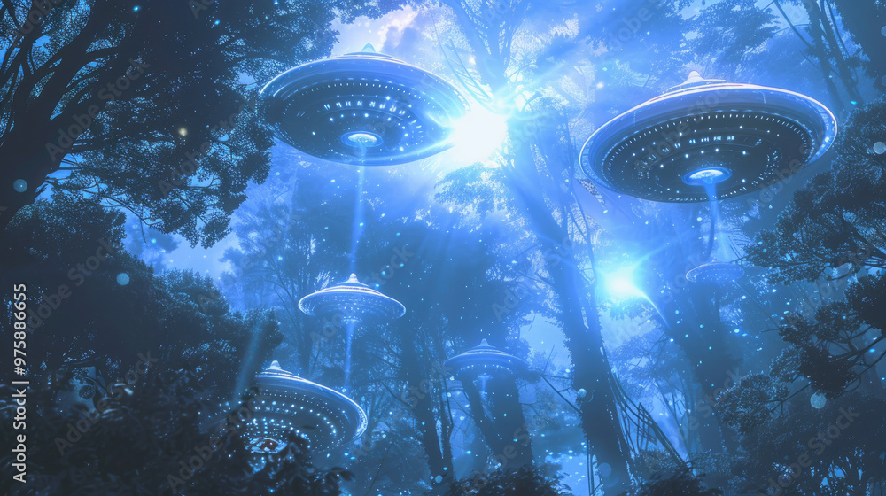 Poster unidentified flying objects cast an enchanting glow over a lush forest as they hover silently, creat