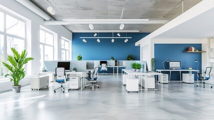A modern open - space office with a combination of white and blue elements. The white walls give a sense of spaciousness