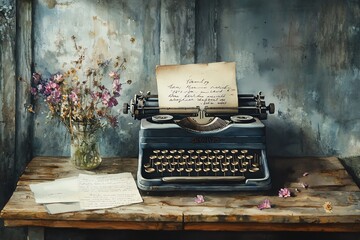 A quaint vintage typewriter on a wooden desk, paired with a faded letter and scattered dried flowers, all painted in serene watercolor tones evoking a bygone era