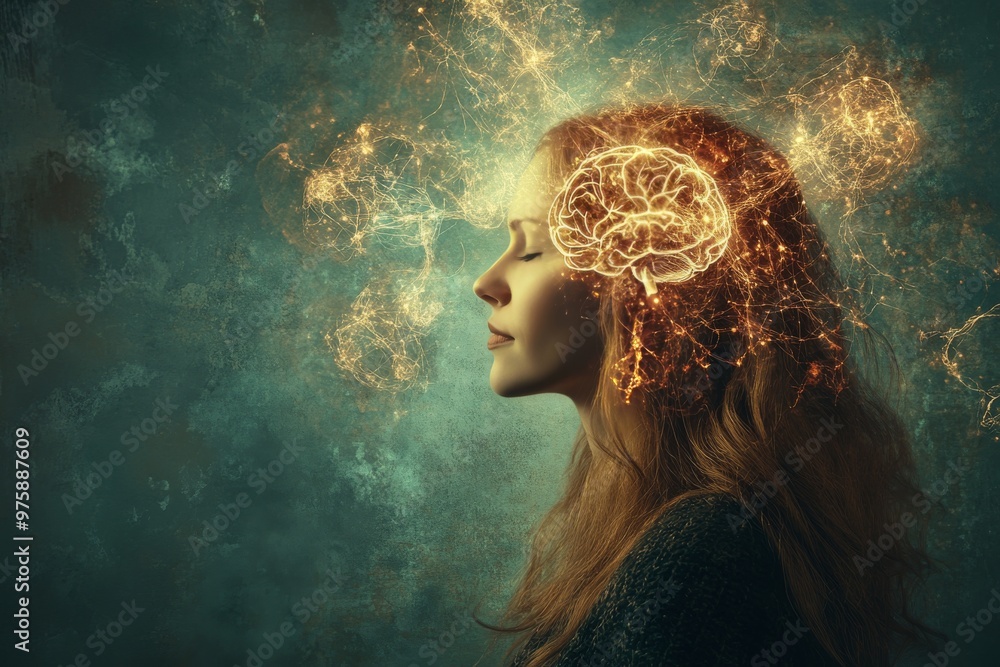 Poster side profile of a woman with a glowing brain like pattern in a dreamy ethereal setting symbolizing i