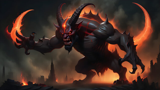 Asmodeus, Behemoth, Beelzebub, Lucifer, Salanus, Asmodeus, Belial, who look like demons with horns and a fiery black-orange aura swirling around their bodies, giving off an aura of vengeance and darkn