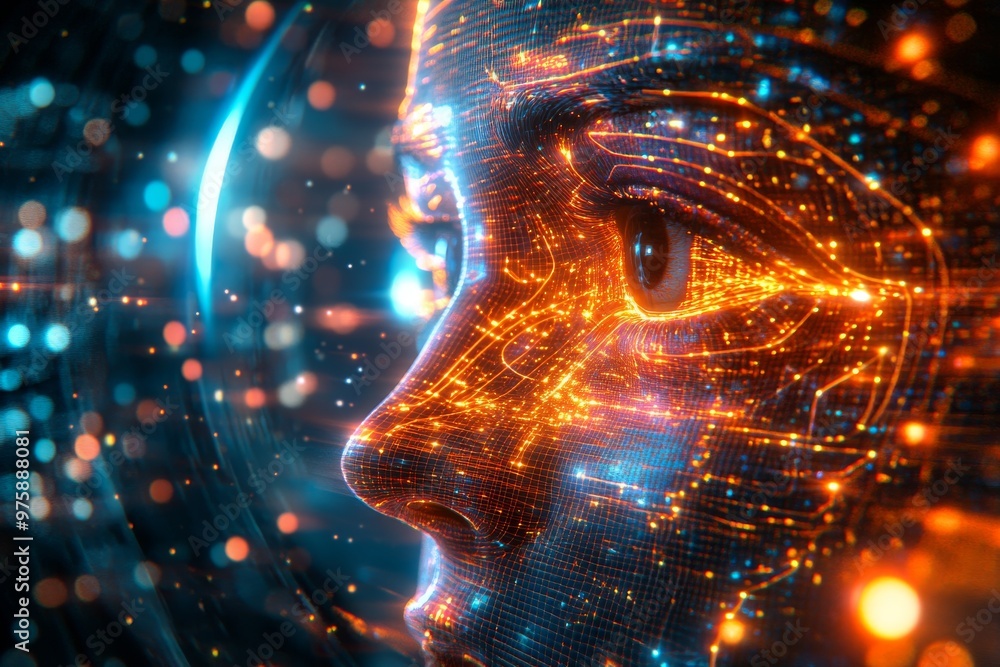 Poster futuristic digital side profile of a man with glowing geometric patterns symbolizing intelligence da