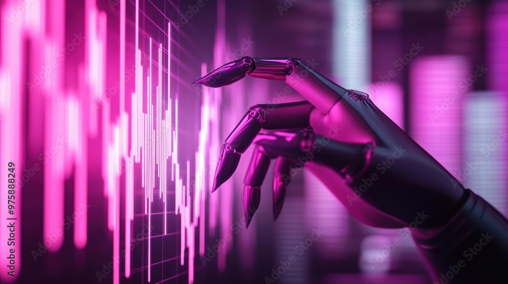Poster a robot hand is holding a bar graph in front of it, ai