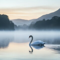 Fototapeta premium Elegant swan gliding across a misty lake at dawn, peaceful and serene moment, swan, lake, tranquility