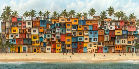 Colorful buildings lining a sandy beach with palm trees and people enjoying the view.