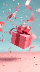 Fototapeta premium Gift box with ribbon flying in the air, dynamic motion effect, 3D illustration