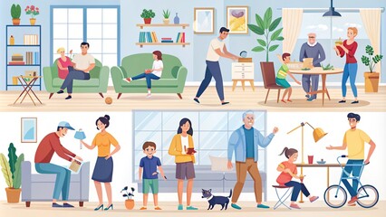 Fototapeta premium people, vector, cartoon, woman, boy, set, illustration, child, family, icon, children, sport, fun, group, business, kid, icons