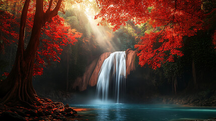 Beautiful waterfall, wallpaper, the beauty of the waterfall amidst the red trees and blue water