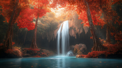 Beautiful waterfall, wallpaper, the beauty of the waterfall amidst the red trees and blue water