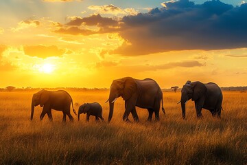 Fototapeta premium A family of elephants walking through the African savanna, with the golden sun setting behind them, elephants, savanna, family