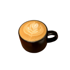 Black cup of coffee with heart Latte isolated on white background