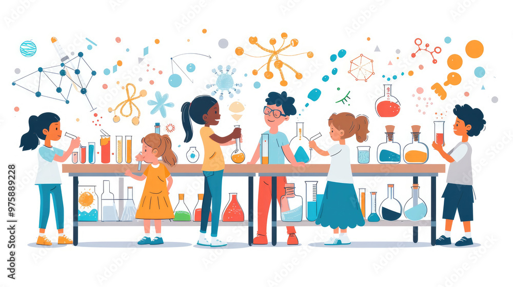Poster a group of children enthusiastically conducts science experiments using various colorful liquids and