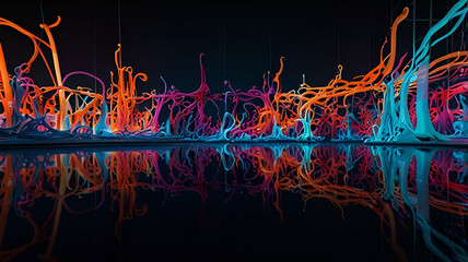 Neon tendrils intertwining through reflective glass shapes.
