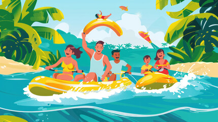 A group enjoys kayaking and playing in the water, surrounded by vibrant tropical foliage under a bright blue sky