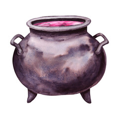 Black cast iron cauldron with pink potion. Esoteric attribute of a witch, sorcerer, gypsy, fortune...