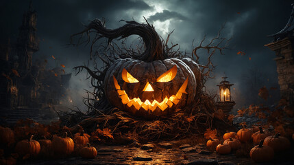 Pumpkin Monster Under the Moonlight, Mystical Halloween Atmosphere