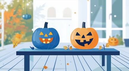 Obraz premium Two festive Halloween pumpkins on a table, one orange and one blue, surrounded by autumn leaves in a cozy outdoor setting during a windy fall afternoon