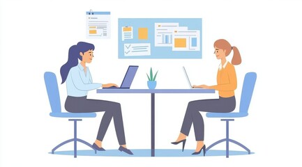 Fototapeta premium Two colleagues engage in a productive virtual meeting at a modern office workspace, utilizing laptops and sharing ideas in a collaborative environment