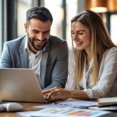 Obraz premium A lively collaboration unfolds as two professionals share ideas and laughter while working on a laptop in a modern coffee shop bathed in warm afternoon light