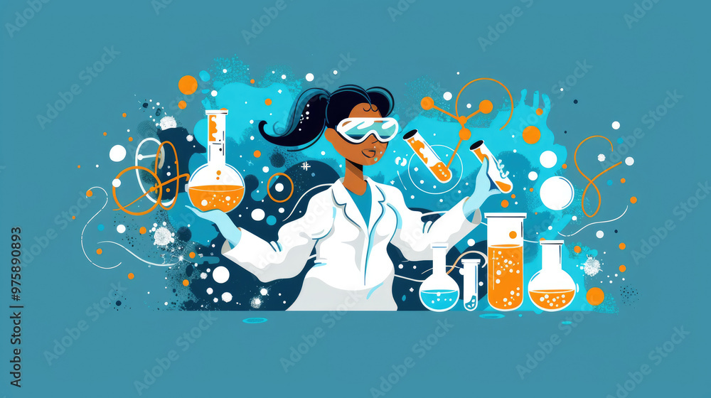 Poster a scientist enthusiastically performs experiments, surrounded by colorful glassware, signifying a co