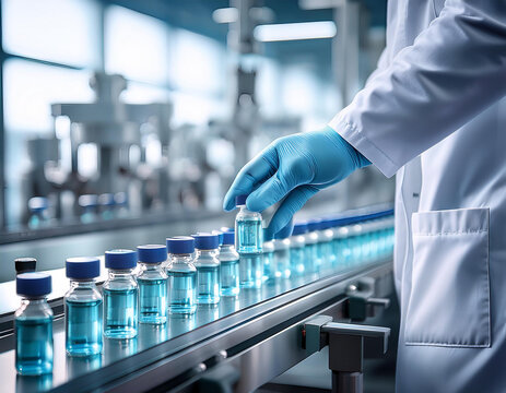 Pharmacist hand holds medical vial on a production conveyor
