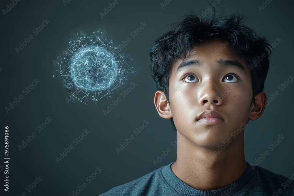 Poster portrait of a young man with a glowing orb floating beside him symbolizing thought intelligence and 