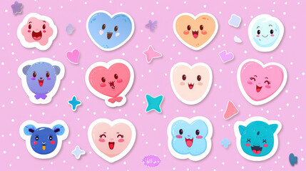 Fototapeta premium A vibrant arrangement of playful hearts and cheerful characters fills a soft pink background, creating a fun and lively atmosphere