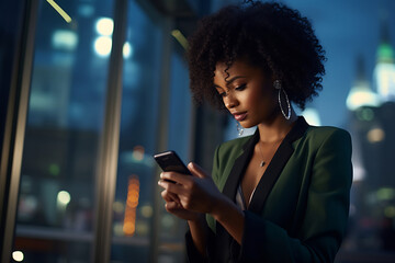 Focused Professional: Businesswoman with Cellphone in Cityscape