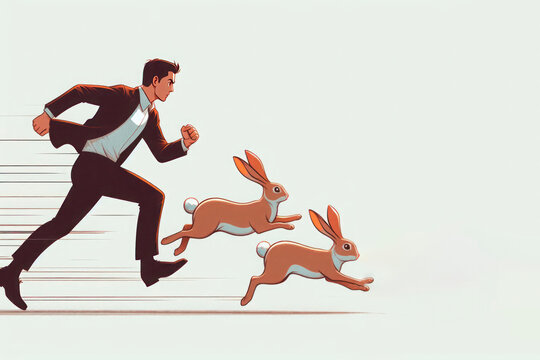 A man in a suit is chasing two hares. Space for text.