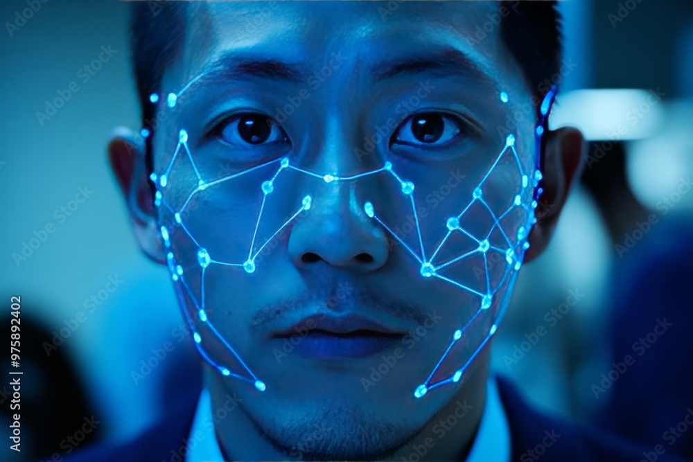 Poster portrait of a man with glowing blue geometric patterns on his face symbolizing technology intelligen