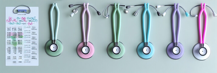 Stethoscope Studies: A stethoscope in various colors, hanging from a hook, with a chart listing common auscultation findings in a soft pastel green.