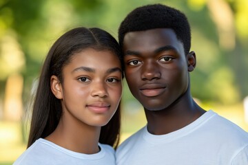 Obraz premium A close-up portrait of a young black couple wearing casual t-shirts, with a blurred background.