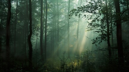 Sunlight beams through the mist in a dense forest.
