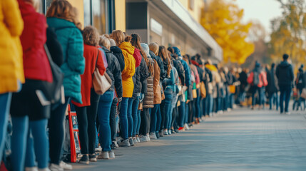 A long line of shoppers waiting outside a supermarket, eager for Black Friday deals, with clear space above for text, supermarket on Black Friday, copy space