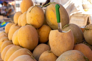 Freshly harvested melons displayed at a vibrant farmers market during the summer season