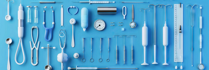 Clinical Composition: A vibrant blue background featuring various medical instruments arranged in an organized fashion, highlighting the importance of precision in healthcare.