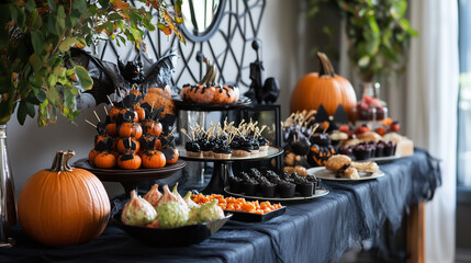 A Halloween party scene with a buffet table featuring gourmet treats, modern decor, and geometric pumpkins, Halloween party, modern style