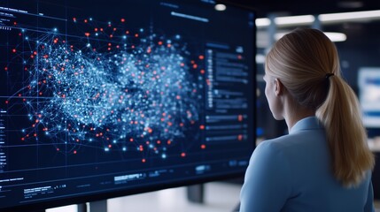 A professional woman in a modern office, delivering a dynamic presentation to a team, using a large digital screen, crisis management, strategic planning