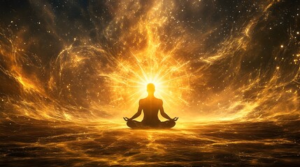 A meditating figure surrounded by an aura of golden light, radiating energy and spiritual power.