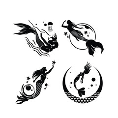 Mermaid silhouettes. Fantasie swimming women with flippers and tails marine mermaid vector emblems collection. Illustration logo mermaid flipper, swimming  © Mukhamad