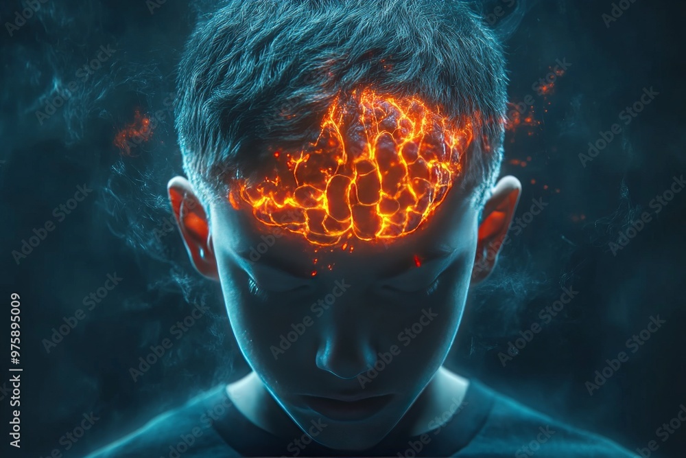 Poster portrait of a young man with a glowing neural pattern on his head symbolizing intelligence thought a