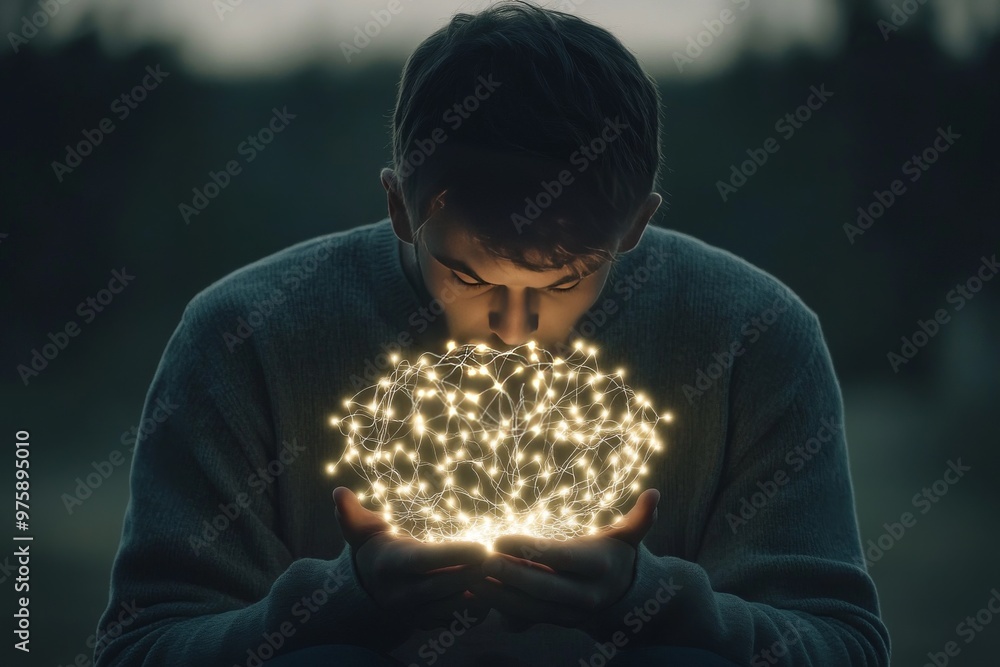 Poster portrait of a man holding a glowing cluster of neural light symbolizing intelligence thought and the