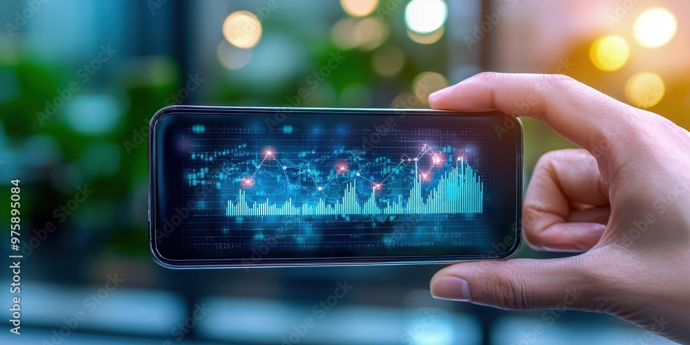 Poster a hand holds a smartphone displaying a vibrant data visualization, showcasing analytics in a modern,